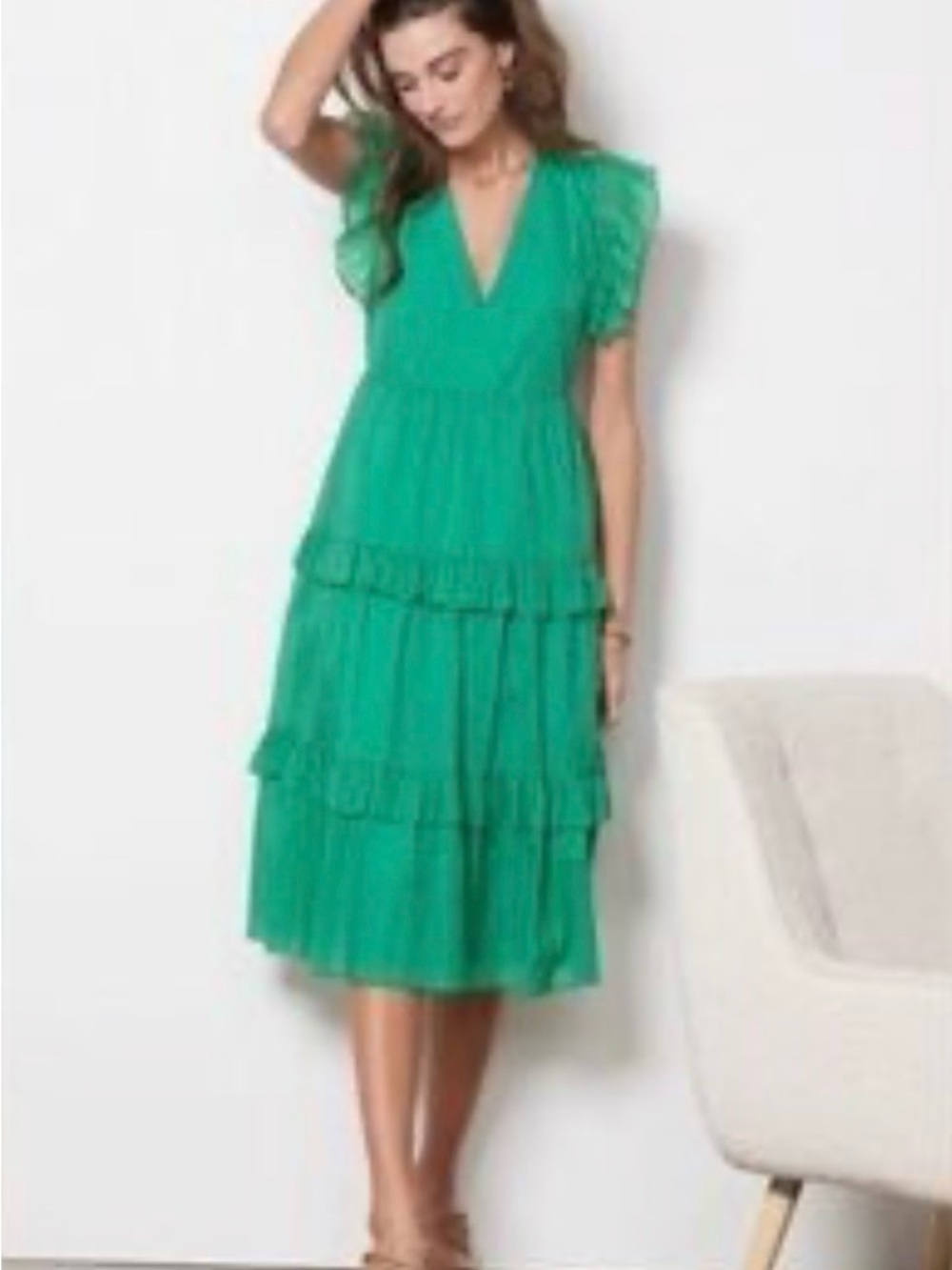 Amanda Uprichard Emerald Tiered V-Neck Midi Dress